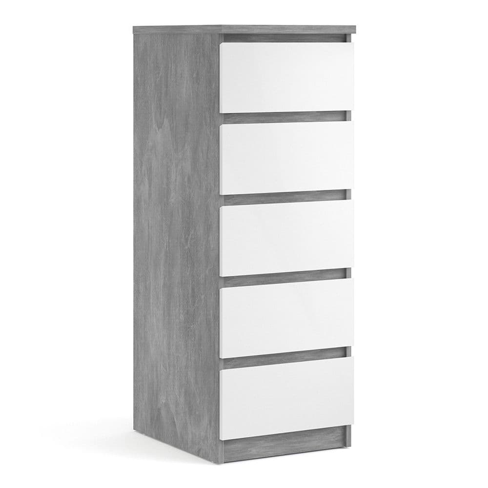 Enzo Narrow Chest of 5 Drawers in Concrete and White High Gloss & Grey